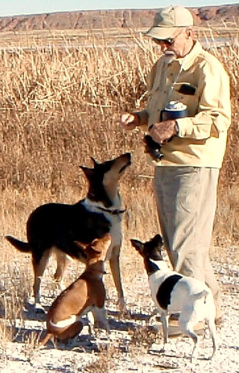 Dale with Jipsy Boo, Smooth-coated Collie; Jobella & JellyBean, American Rat Terriers; at Bitter Lake National Wildlife Refuge