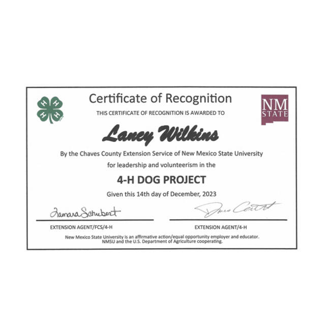 4-H Dog Project Certificate of Recognition